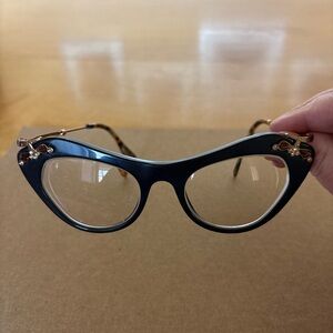 Miu Miu Classic Cat-Eye Glasses in Black with Gold/Brown Flower Accents
